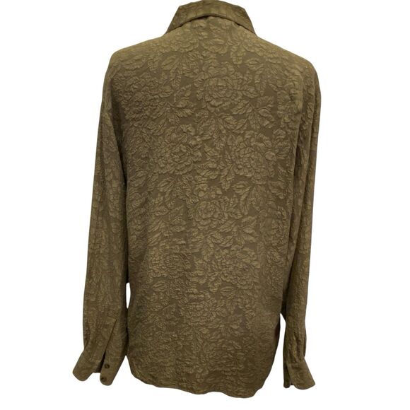 100% Silk Women Lg Sleeve Embossed Floral Button Tunic Blouse Olive Green M NWOT - Picture 3 of 10